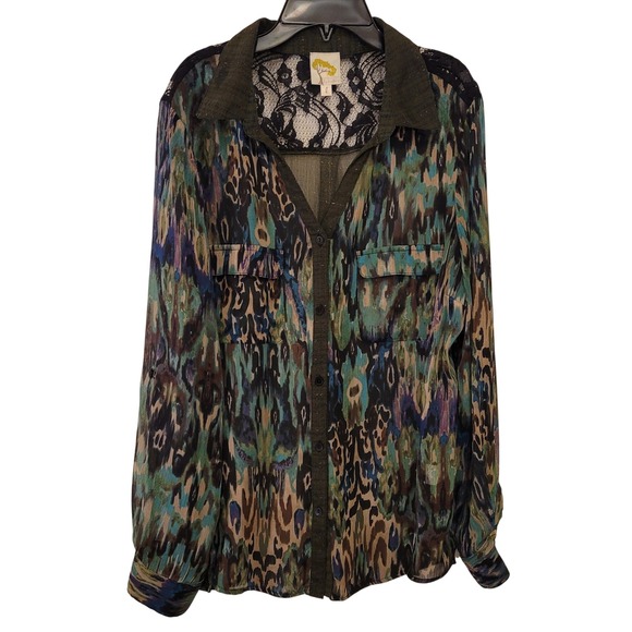 fig and flower Tops - Fig and Flower Abstract Print Button Front Shirt Top Lace Back Green L
